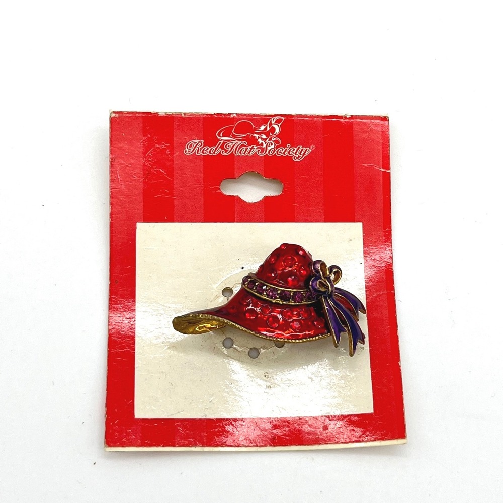 Red Hat Society Brooch Pin‎ Pendant Red Enamel Rhinestone Purple Bow Gerson 2004